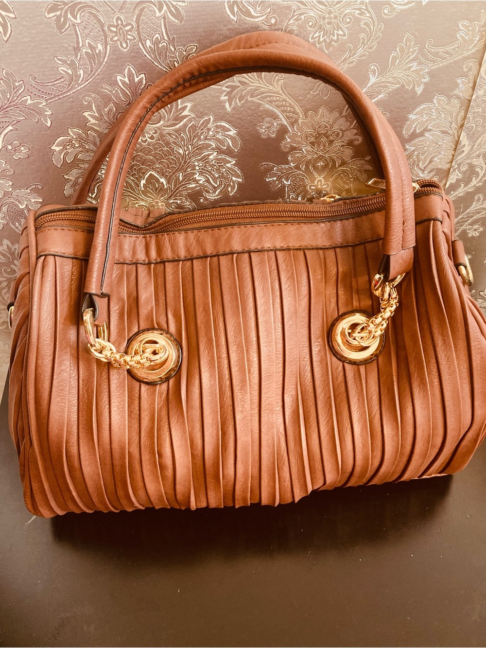 Pleated Satchel Handbag in Rich Brown with Gold Hardware